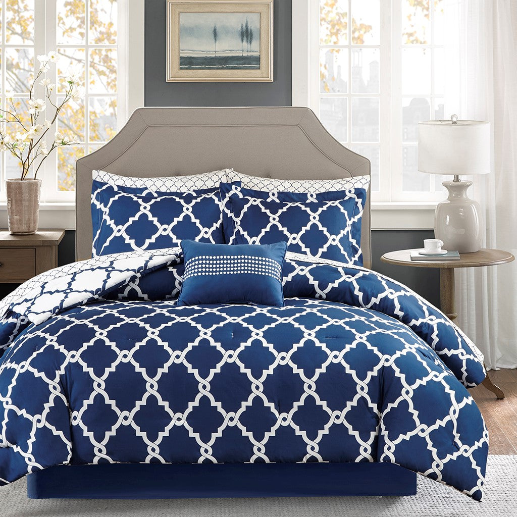 Madison Park Essentials Merritt 9 Piece Comforter Set with Cotton Bed Sheets - Navy  - King Size Shop Online & Save - ExpressHomeDirect.com