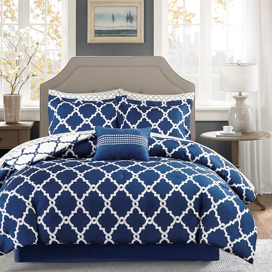 Madison Park Essentials Merritt 7 Piece Comforter Set with Cotton Bed Sheets - Navy  - Twin Size Shop Online & Save - ExpressHomeDirect.com