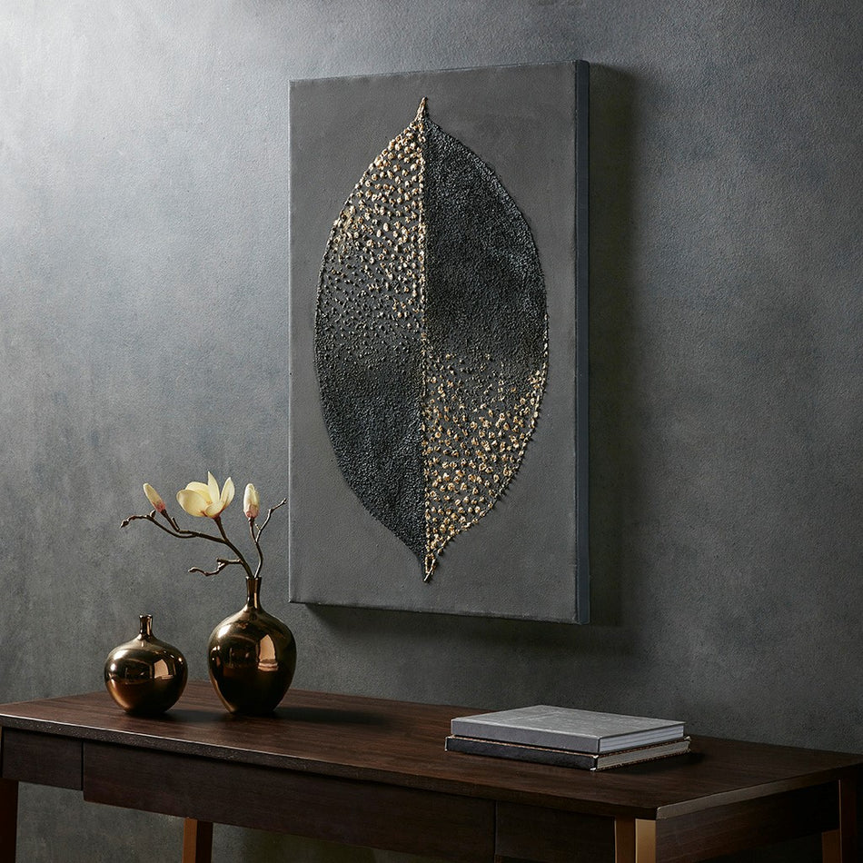 Madison Park Charcoal Leaf Heavy Textured Canvas with Gold Foil Embellishment - Charcoal / Gold 