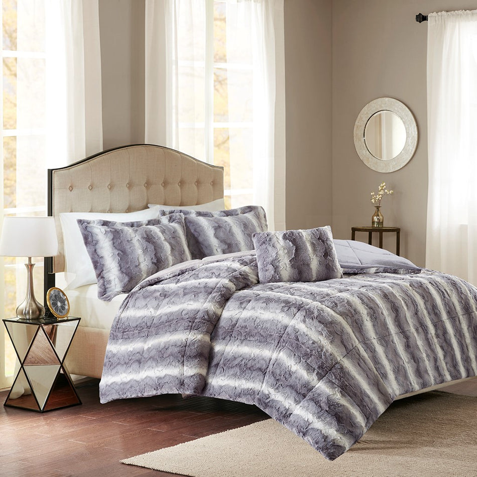 Madison Park Zuri 4PC Faux Fur Comforter Set - Grey - Full Size / Queen Size