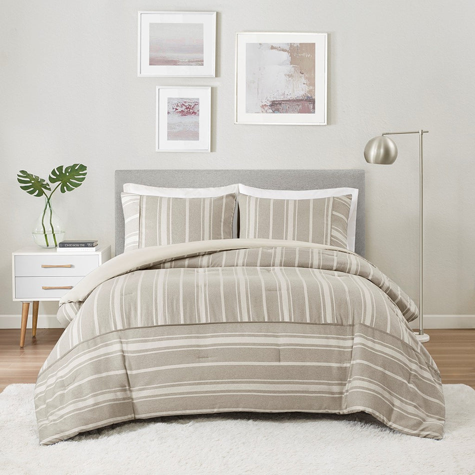Beautyrest Kent Striped Herringbone Oversized Comforter Set - Taupe - King Size / Cal King Size - BR10-3861