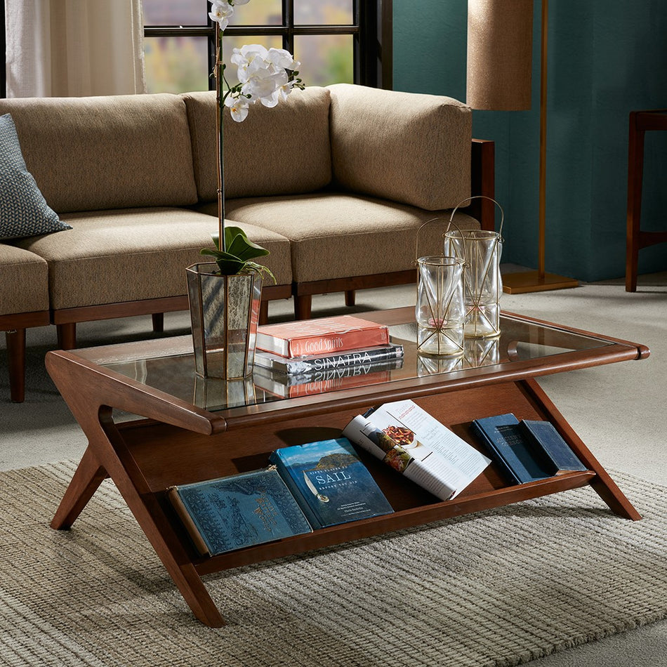 INK+IVY Rocket Coffee Table with Tempered Glass - Pecan 