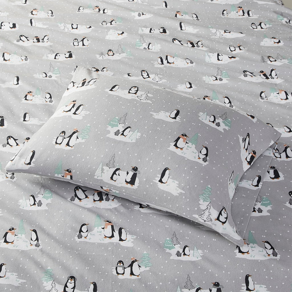 Cozy Cotton Flannel Printed Sheet Set - Grey Penguins - Queen Size