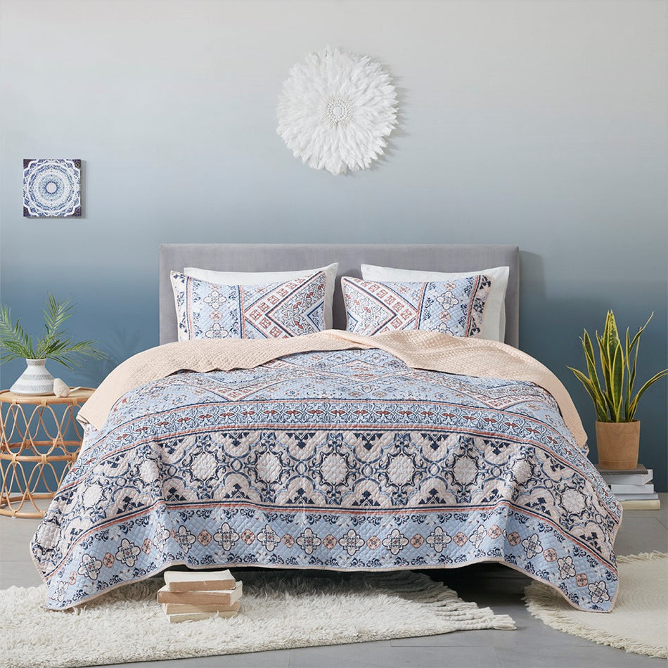 Anisa 3 Piece Printed Microfiber Reversible Coverlet Set - Blue / Blush - Full Size / Queen Size