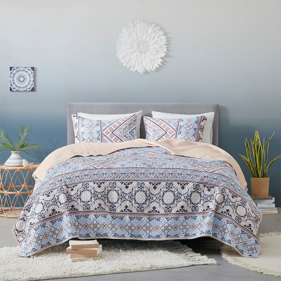 Anisa 3 Piece Printed Microfiber Reversible Coverlet Set - Blue / Blush - King Size / Cal King Size