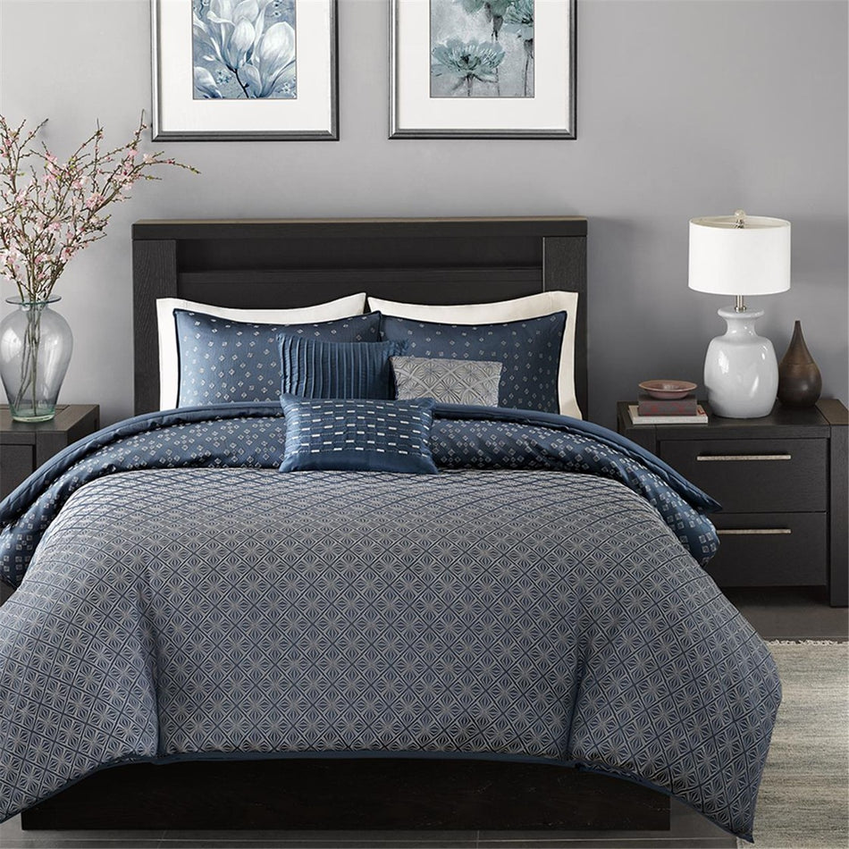 Biloxi 6 Piece Duvet Cover Set - Navy - King Size / Cal King Size