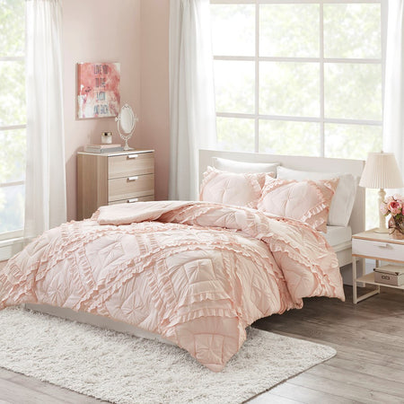 Intelligent Design Kacie Solid Quilt Set With Tufted Diamond Ruffles - Blush - Twin Size / Twin XL Size