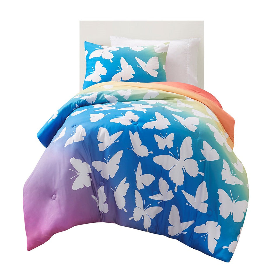 Phoebe Rainbow and Butterfly Comforter Set - Blue / Purple - Twin Size