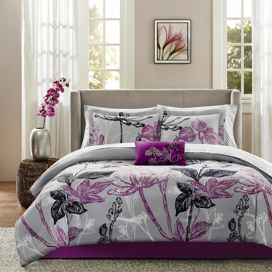 Claremont 9 Piece Comforter Set with Cotton Bed Sheets - Purple - Cal King Size