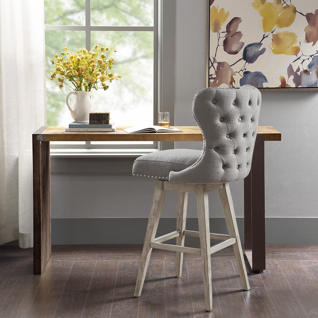 Madison Park Hancock High Wingback Button Tufted Upholstered 30" Swivel Bar Stool with Nailhead Accent - Grey 
