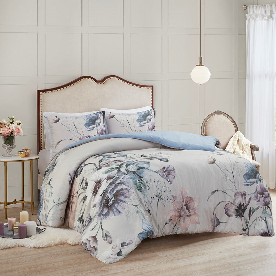 Cassandra 3 Piece Cotton Printed Duvet Cover Set - Blue - Full Size / Queen Size