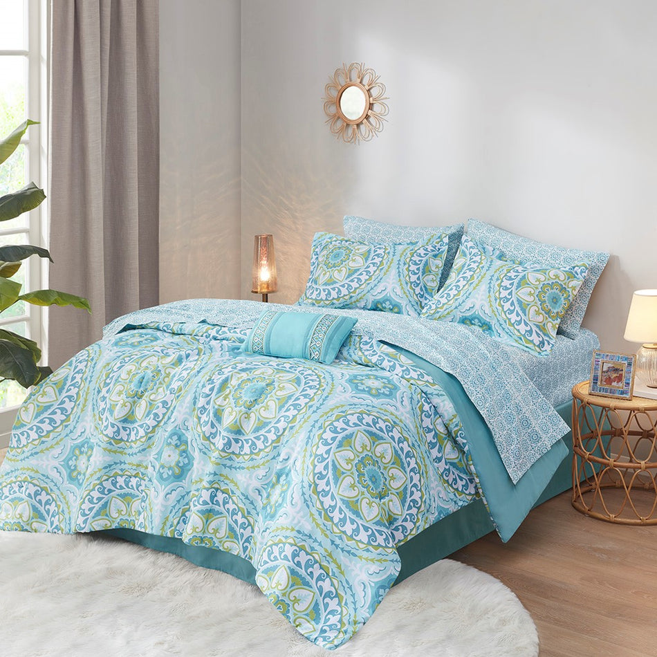 Serenity 9 Piece Comforter Set with Cotton Bed Sheets - Aqua - Full Size