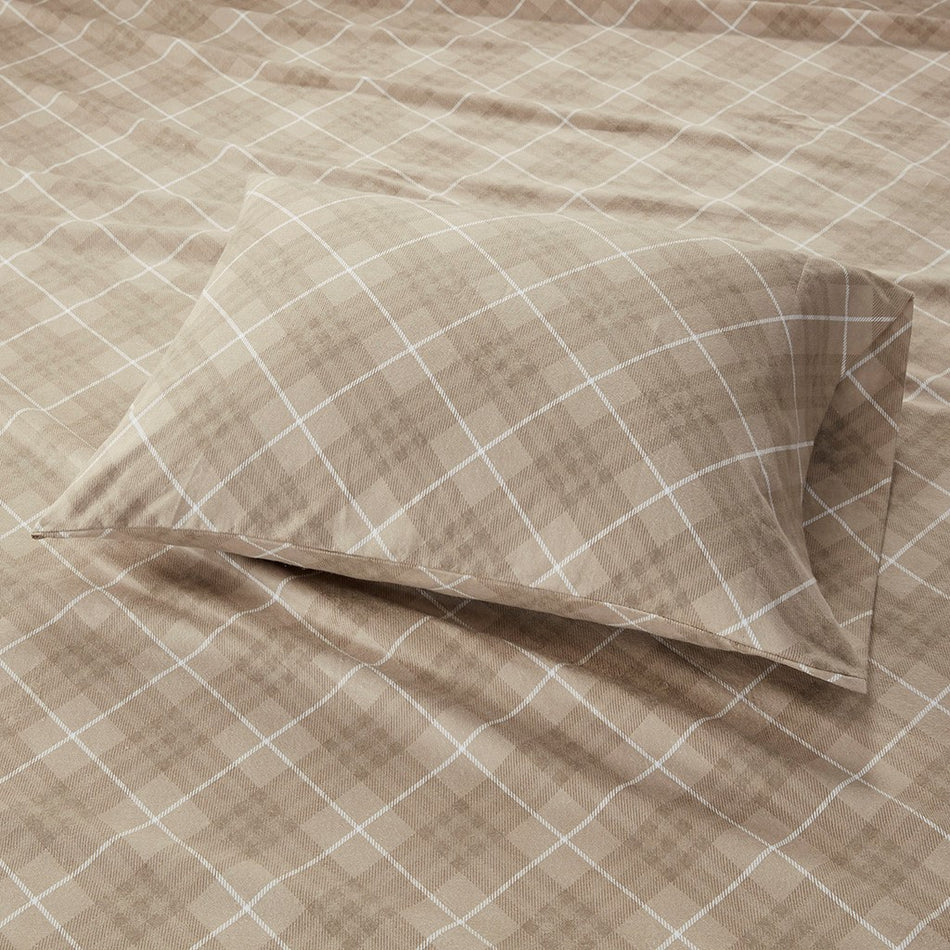 Cozy Cotton Flannel Printed Sheet Set - Tan Plaid - Queen Size