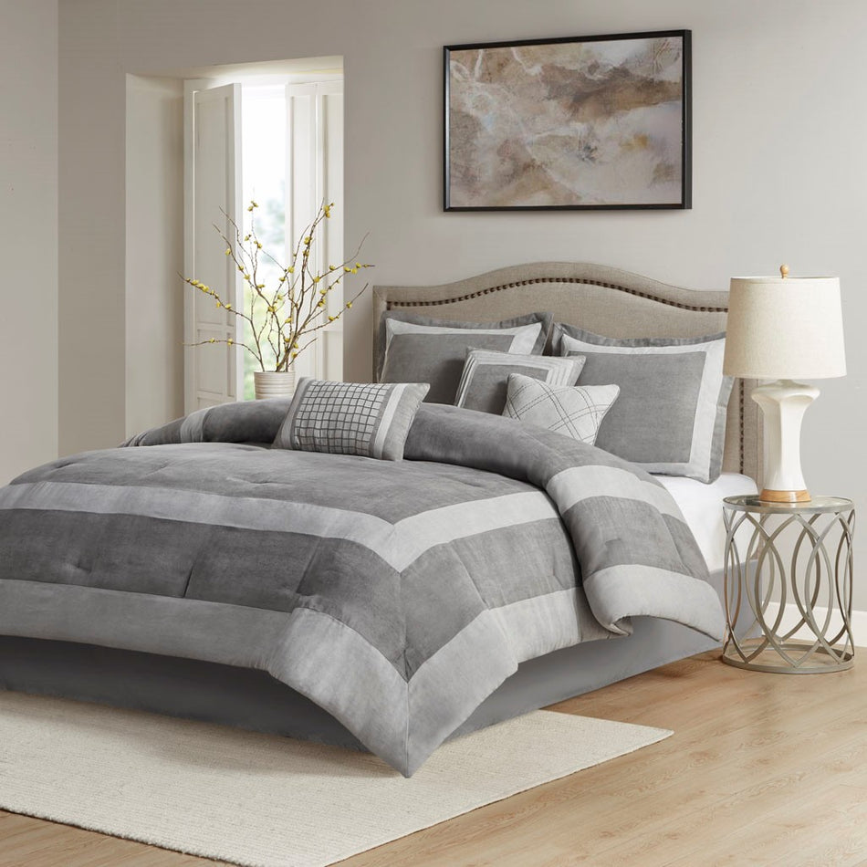 Dax 7 Piece Microsuede Comforter Set - Gray - Queen Size