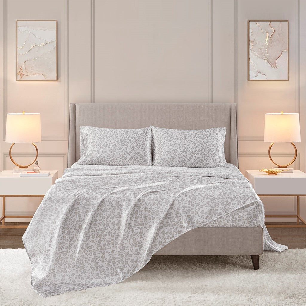 Madison Park Essentials Printed Satin Sheet Set - Gray Leopard  - Full Size Shop Online & Save - ExpressHomeDirect.com