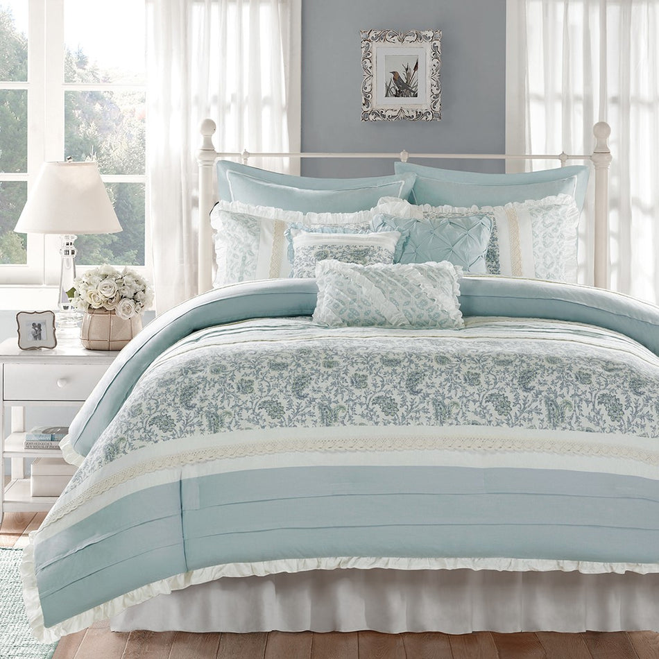 Dawn 9 Piece Cotton Percale Comforter Set - Blue - Queen Size