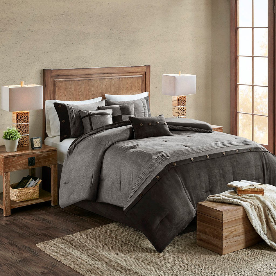 Madison Park Boone 7 Piece Faux Suede Comforter Set - Grey - Cal King Size