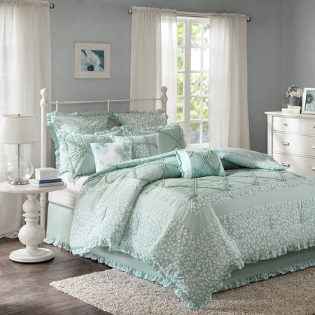 Madison Park Mindy 9 Piece Cotton Percale Comforter Set - Seafoam - Queen Size