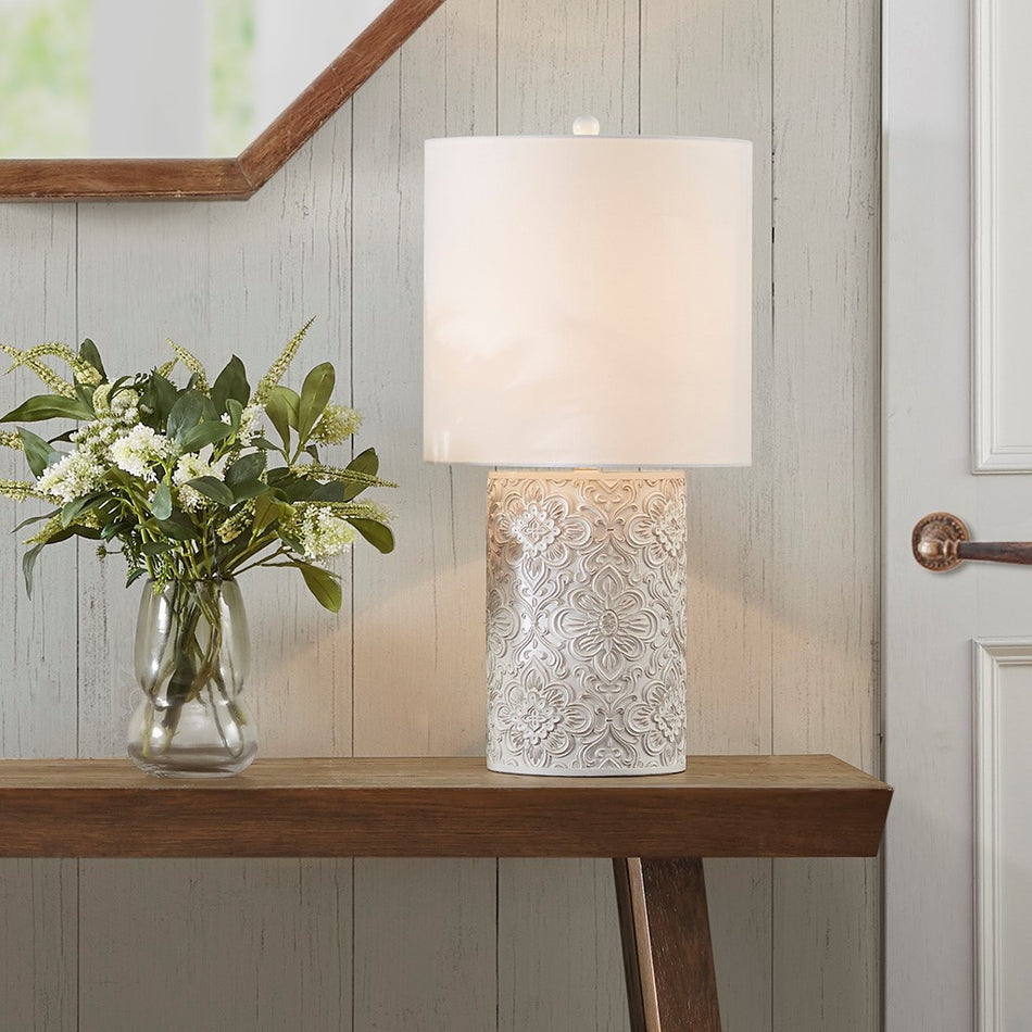 Ashbourne Embossed Floral Resin Table Lamp - Ivory