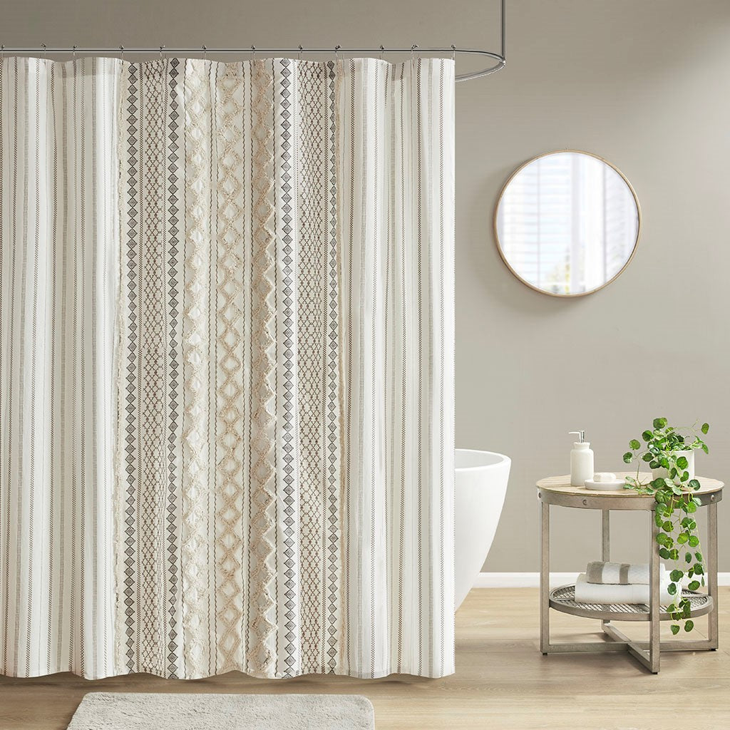 INK+IVY Imani Cotton Printed Shower Curtain with Chenille - Ivory - 72x72"