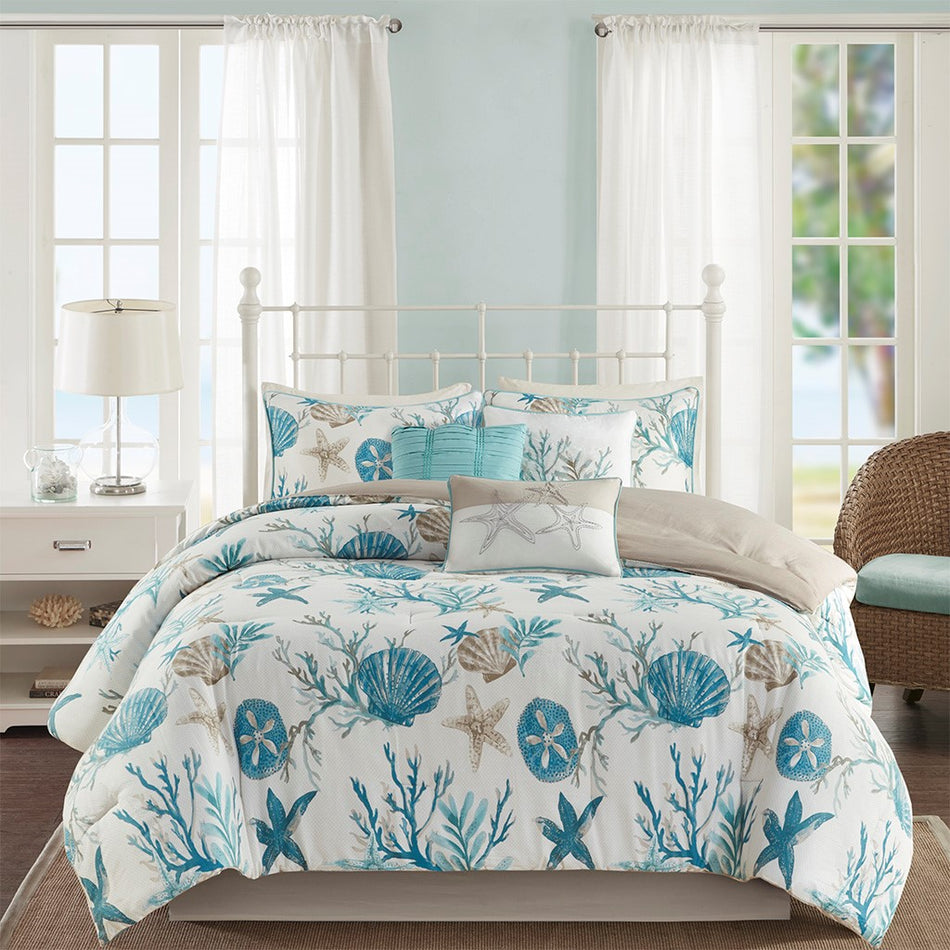 Pebble Beach 7 Piece Cotton Sateen Comforter Set - Aqua - King Size
