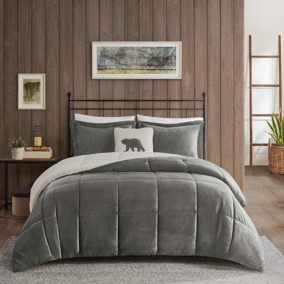 Woolrich Alton Plush to Sherpa Down Alternative Comforter Set - Charcoal / Ivory  - Full Size / Queen Size Shop Online & Save - ExpressHomeDirect.com