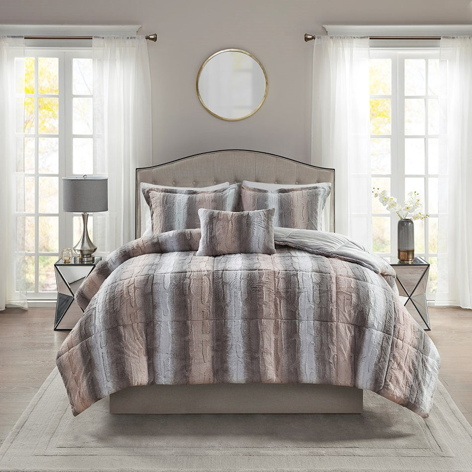 Zuri 4 Piece Faux Fur Comforter Set - Blush / Grey - Full Size / Queen Size