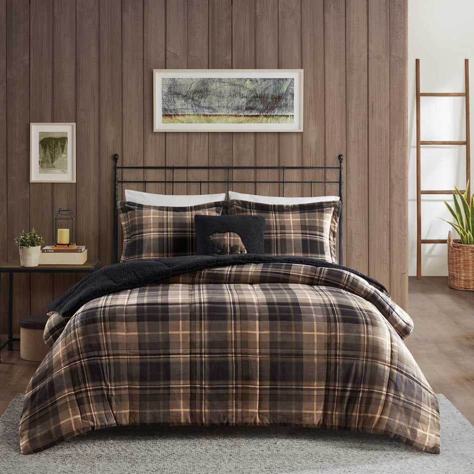Alton Plush to Sherpa Down Alternative Comforter Set - Brown / Black - King Size