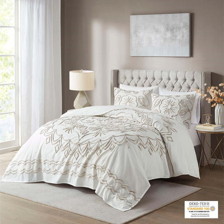 Madison Park Violette 3 Piece Tufted Cotton Chenille Coverlet Set - Ivory / Taupe - King Size / Cal King Size