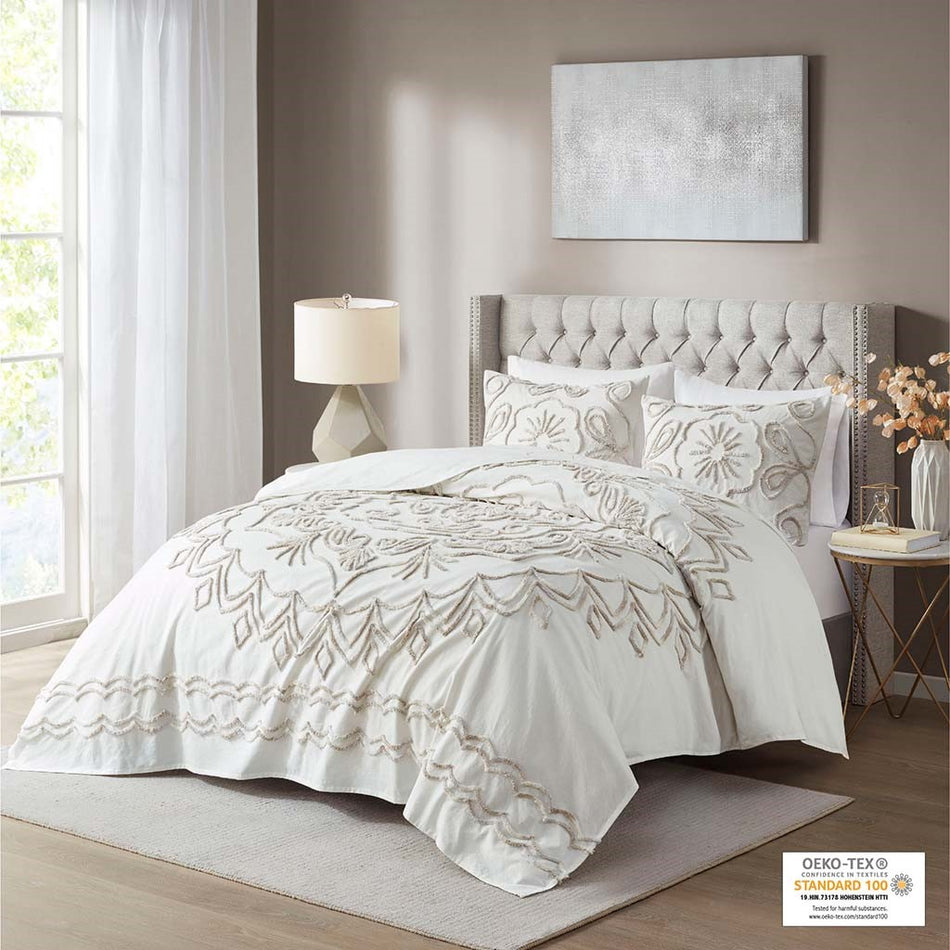 Madison Park Violette 3 Piece Tufted Cotton Chenille Coverlet Set - Ivory / Taupe - Full Size / Queen Size