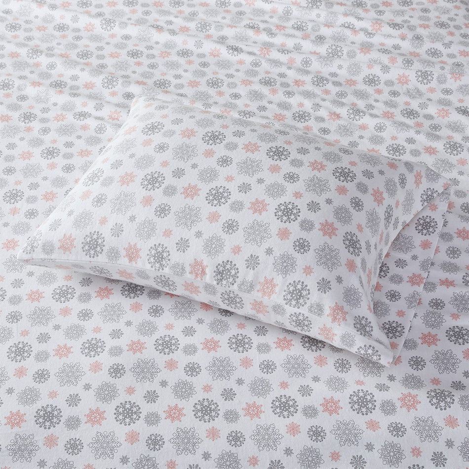 Cozy Cotton Flannel Printed Sheet Set - Pink / Grey Snowflakes - King Size