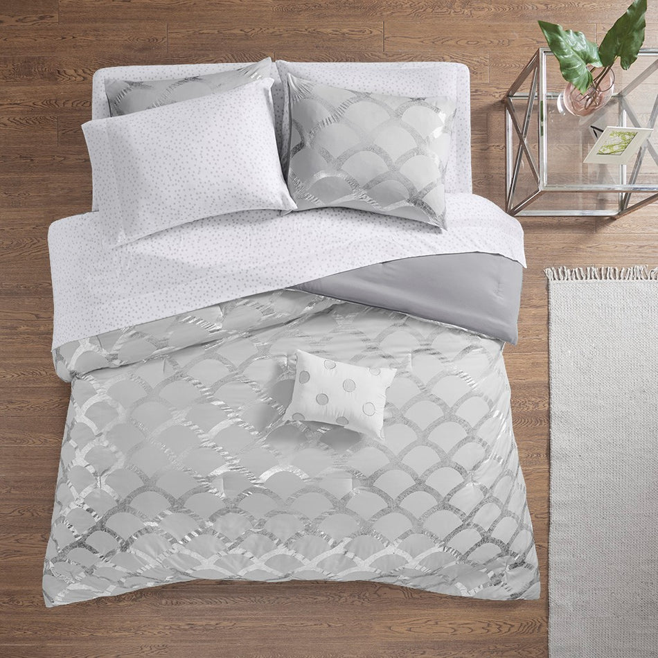 Lorna Metallic Comforter Set with Bed Sheets - Gray - Twin Size