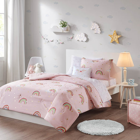 Mi Zone Kids Alicia Rainbow and Metallic Stars Comforter Set with Bed Sheets - Pink - Twin Size