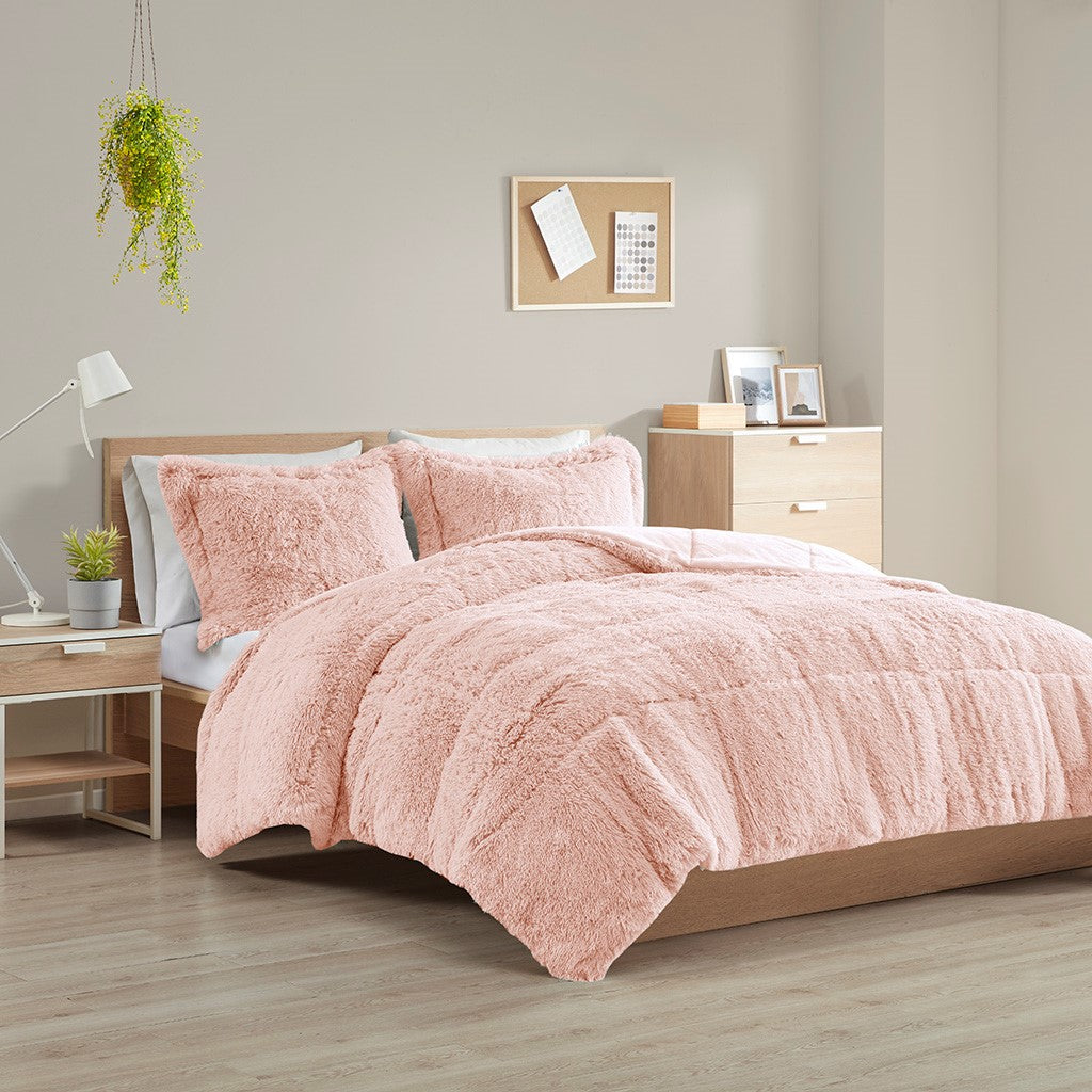 Intelligent Design Malea Shaggy Faux Fur Comforter Mini Set - Blush - Twin Size / Twin XL Size