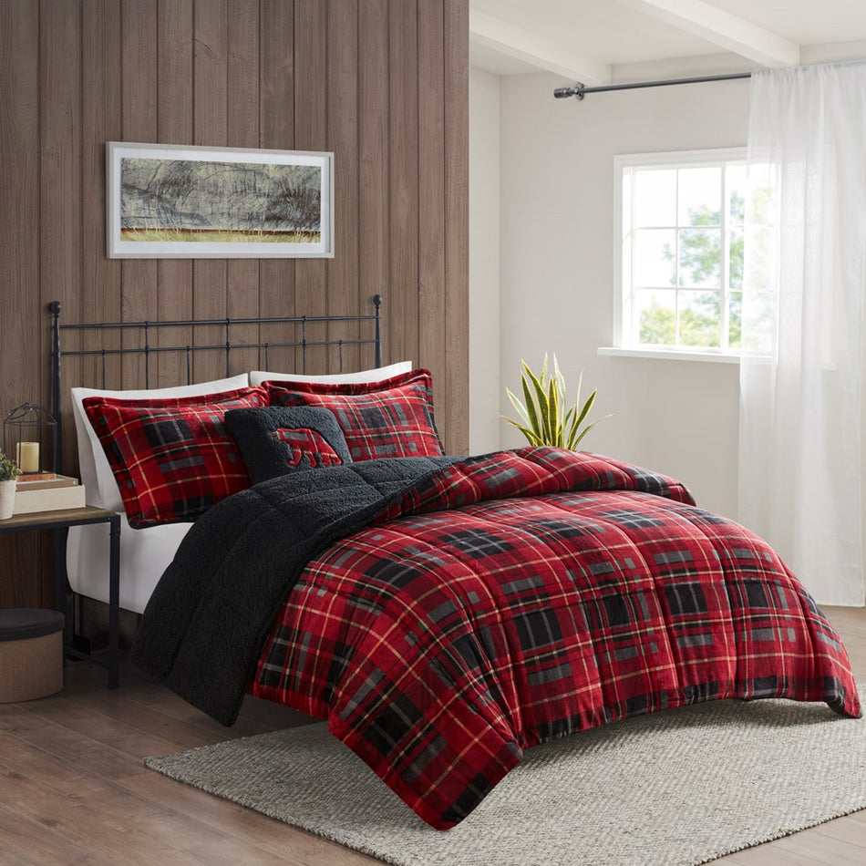 Woolrich Alton Plush to Sherpa Down Alternative Comforter Set - Red Plaid - Full Size / Queen Size