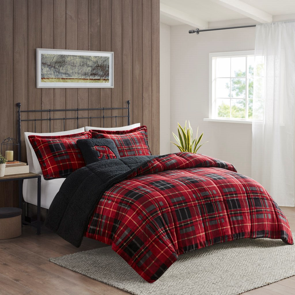 Woolrich Alton Plush to Sherpa Down Alternative Comforter Set - Red Plaid - King Size