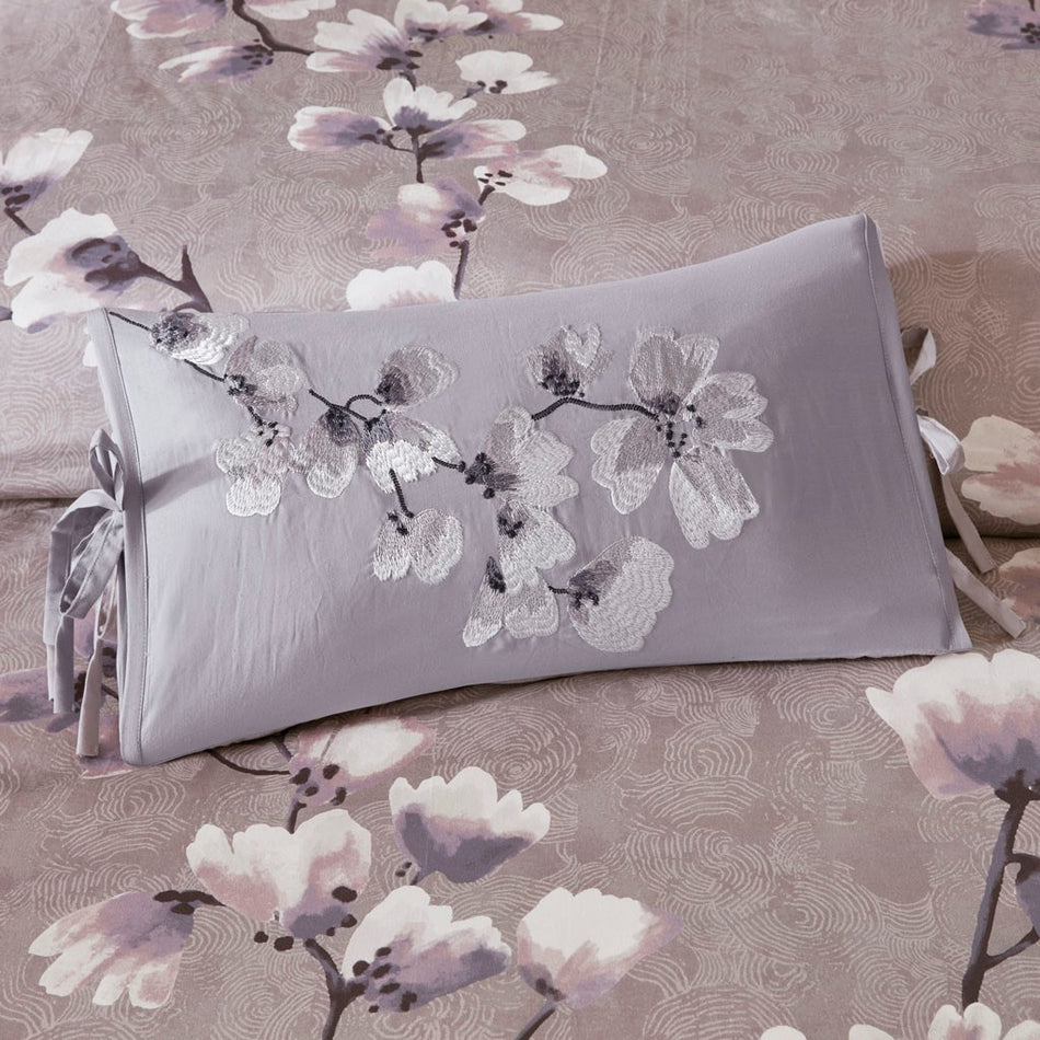 Sakura Blossom Embroidered Cotton Oblong Decorative Pillow - Lilac - 12x20"