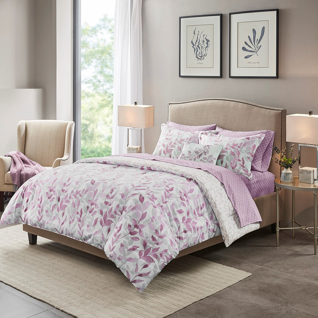 Madison Park Essentials Sofia Reversible 8 Piece Comforter Set with Bed Sheets - Purple - Cal King Size