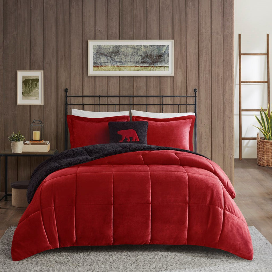 Alton Plush to Sherpa Down Alternative Comforter Set - Red / Black - King Size