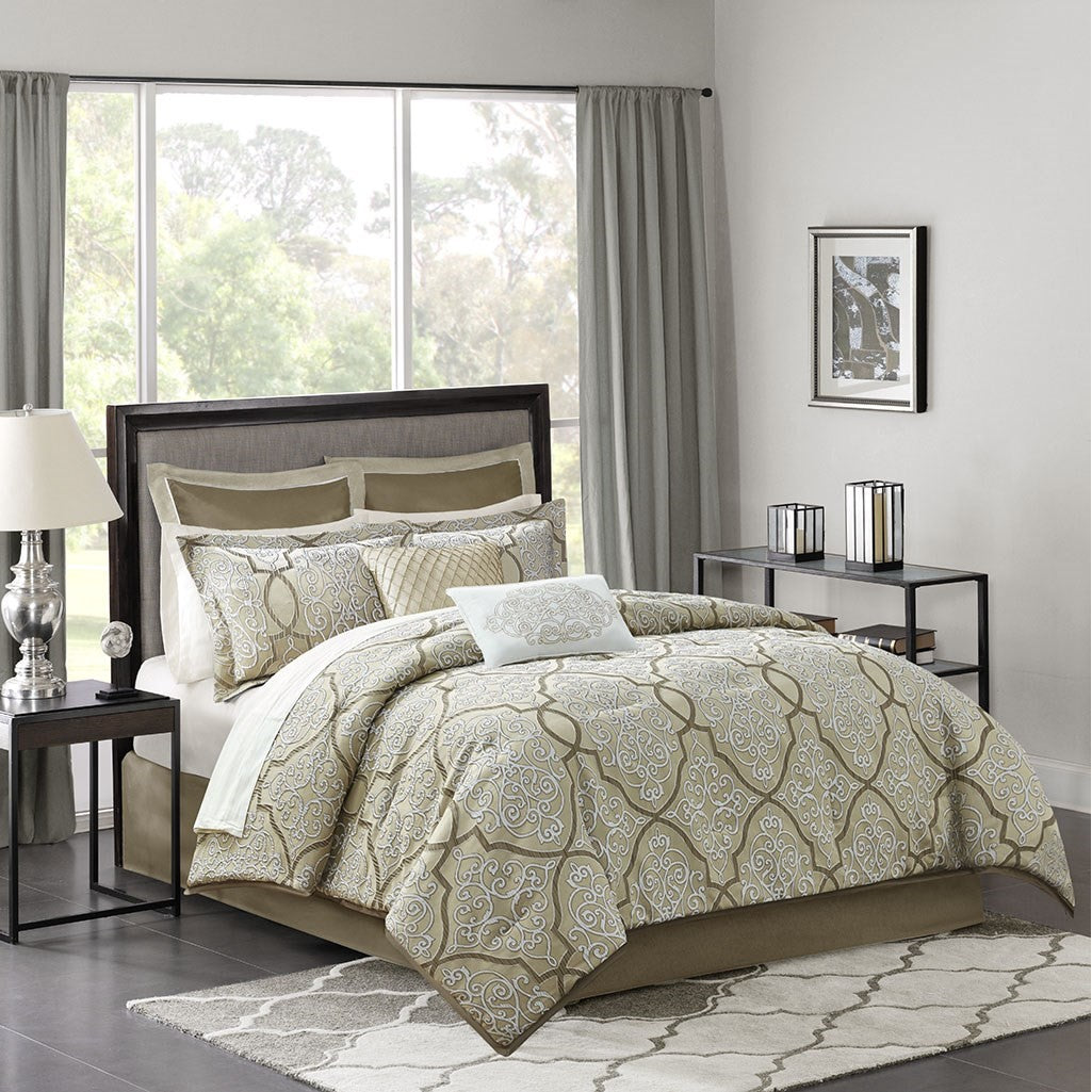 Madison Park Lavine 12 Piece Complete Bed Set - Gold - Queen Size