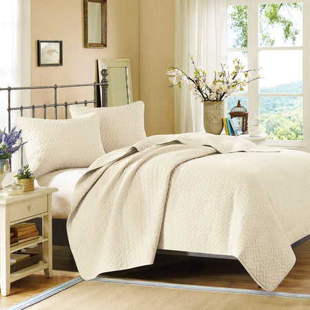 Hampton Hill Velvet Touch 3 Piece Luxurious Oversized Quilted Coverlet Set - Ivory - King Size