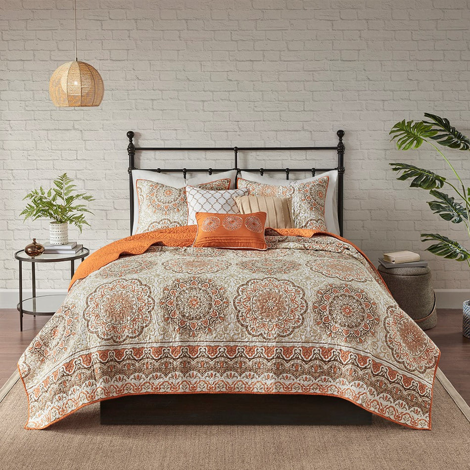 Tangiers 6 Piece Reversible Quilt Set with Throw Pillows - Orange - King Size / Cal King Size