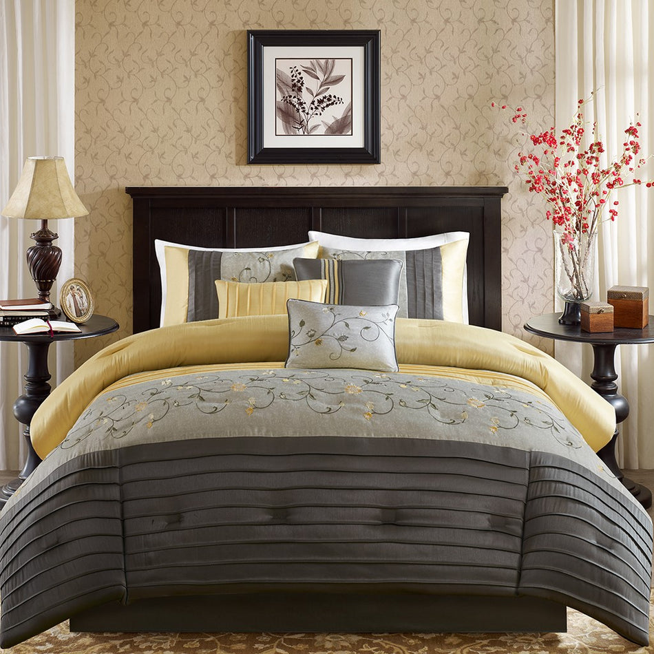 Serene Embroidered 7 Piece Comforter Set - Yellow - King Size