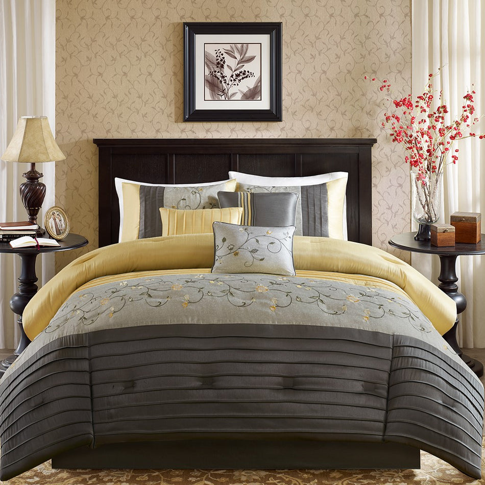 Serene Embroidered 7 Piece Comforter Set - Yellow - Queen Size