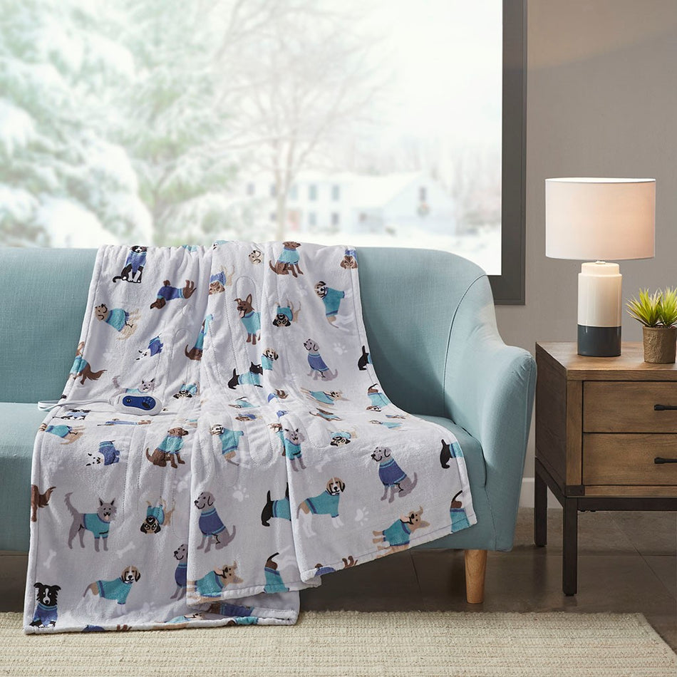 Beautyrest Oversized Plush Printed Heated Throw - Grey Dogs - 60x70"