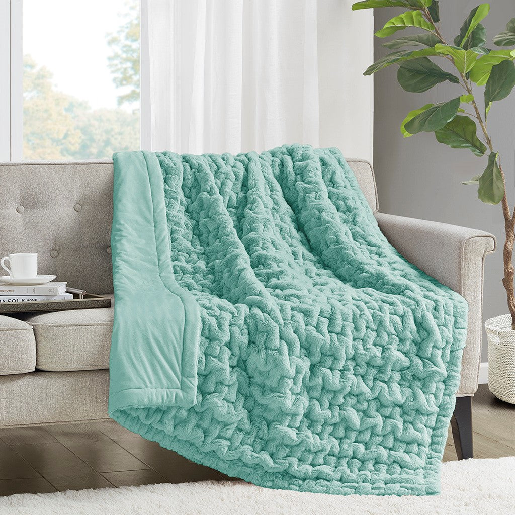 Madison Park Ruched Fur Throw - Aqua - 50x60"