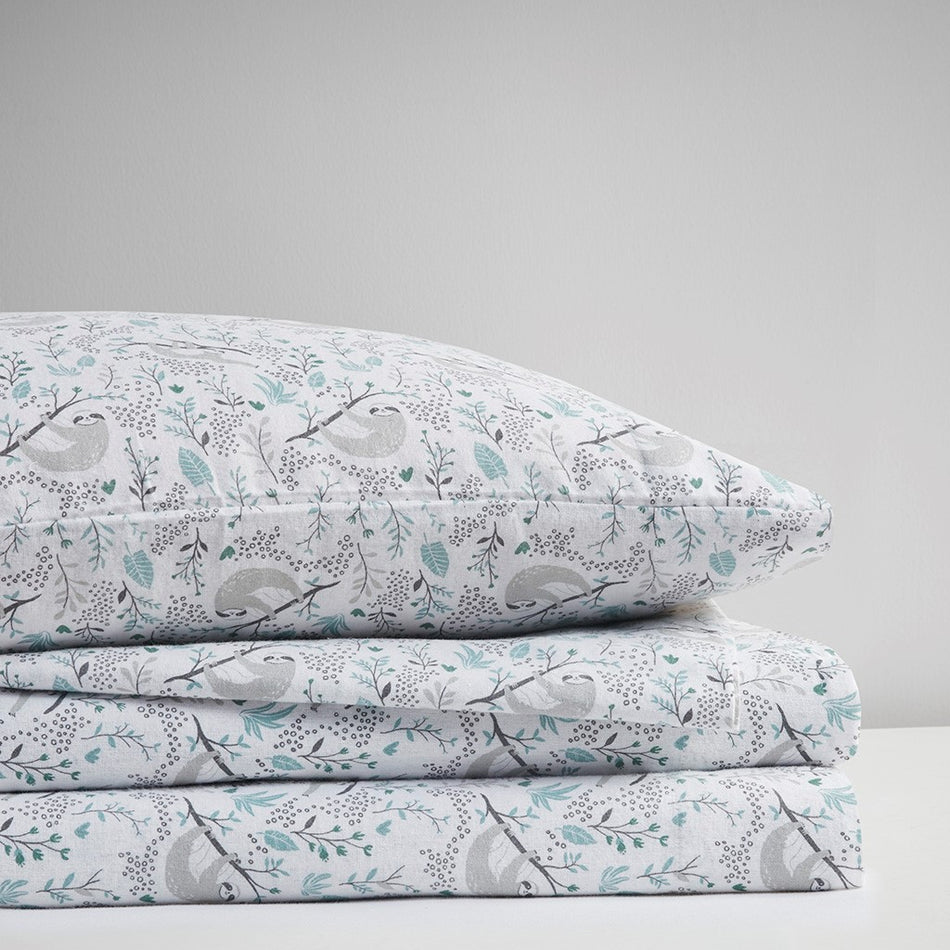 Cozy Soft Cotton Flannel Printed Sheet Set - Grey Sloths - Queen Size