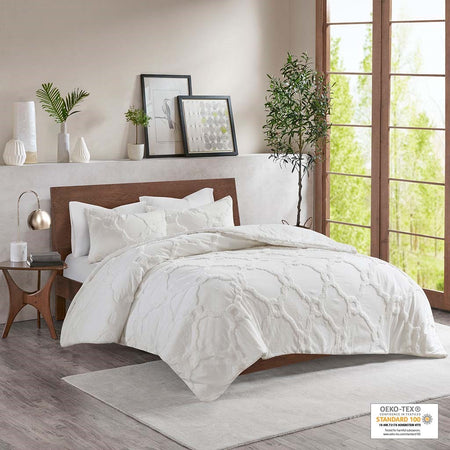 Madison Park Pacey 3 Piece Tufted Cotton Chenille Geometric Comforter Set - Off White - King Size / Cal King Size