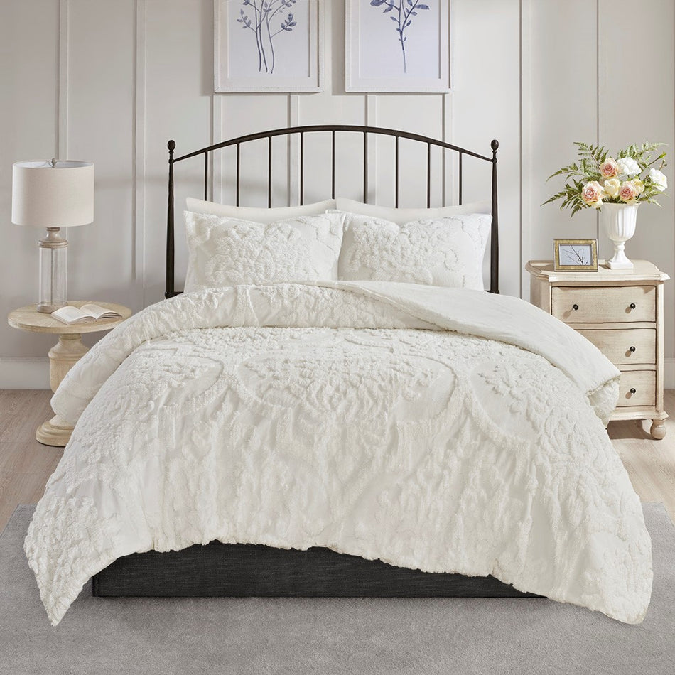 Viola 3 Piece Tufted Cotton Chenille Damask Comforter Set - Off White - Full Size / Queen Size