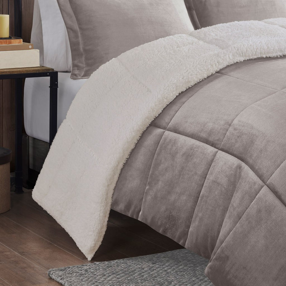Alton Plush to Sherpa Down Alternative Comforter Set - Grey / Ivory - Full Size / Queen Size